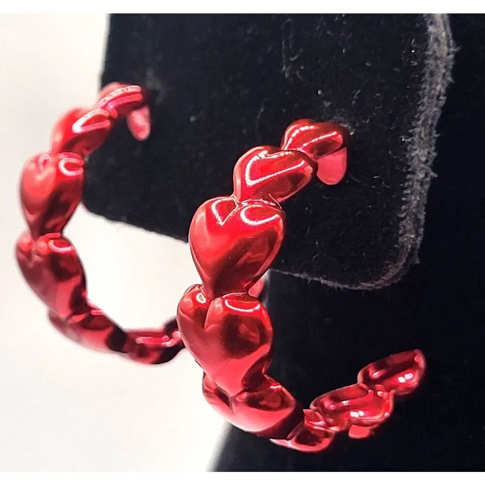 Graduated Size Stacked HEARTS Red 1” Half Hoop Earrings Post Pierced